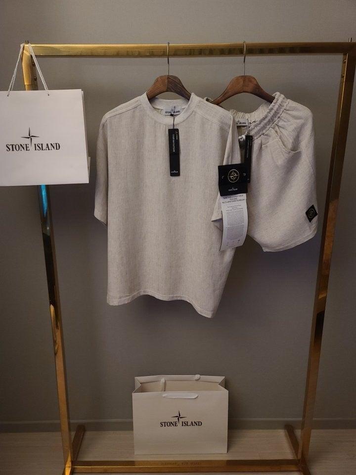 스톤아일랜드 수입 와펜 스판 마 린넨 절개 반팔 반바지 (국내배송)