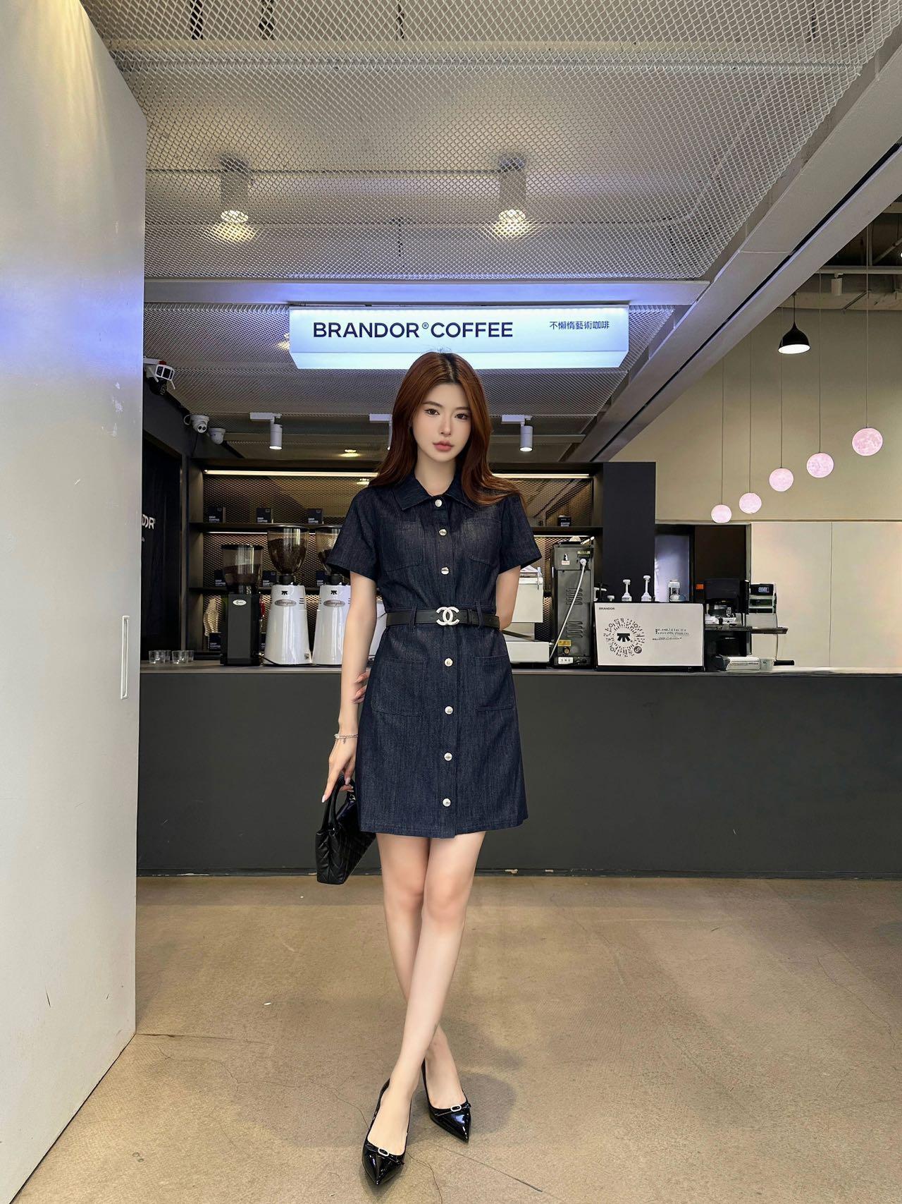샤넬 스타일 데님 반팔 드레스 (해외배송)